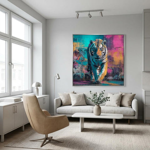 Advancing — Neon Graffiti Tiger on Brushed Aluminum | Brushed Metal Wall Art | Modern Home Decor