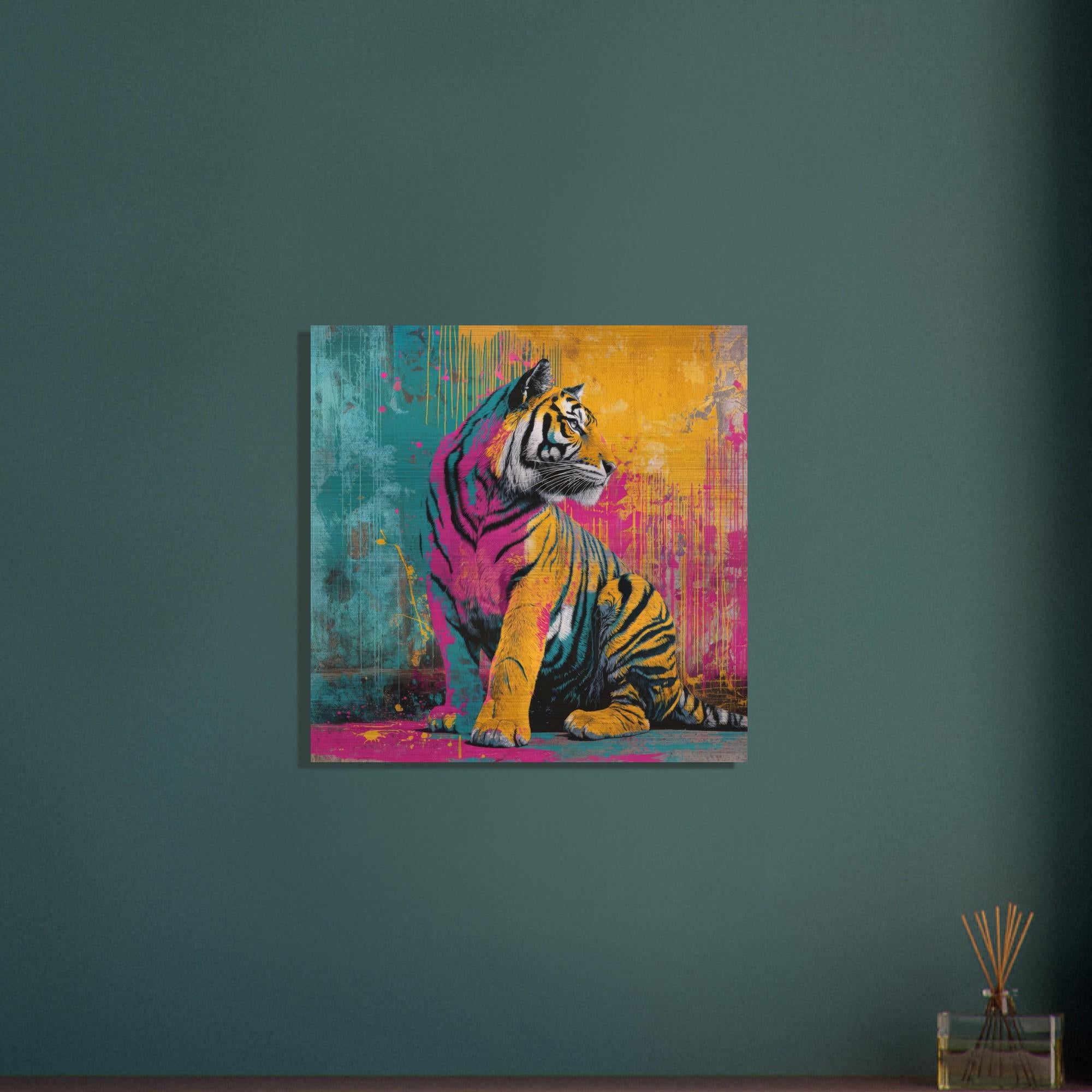 Poised — Neon Graffiti Tiger on Brushed Aluminum | Vibrant Graffiti Tiger Art | Industrial Chic Home Decor
