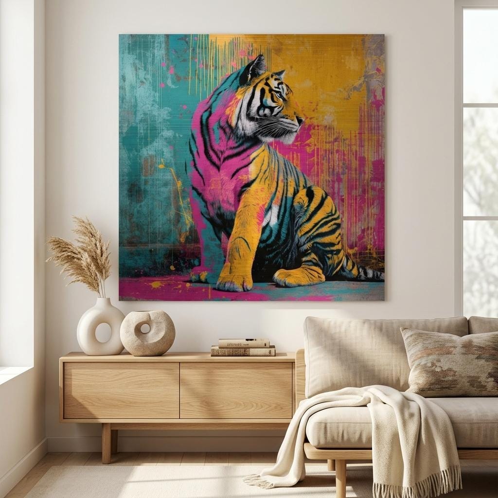 Poised — Neon Graffiti Tiger on Brushed Aluminum | Vibrant Graffiti Tiger Art | Industrial Chic Home Decor
