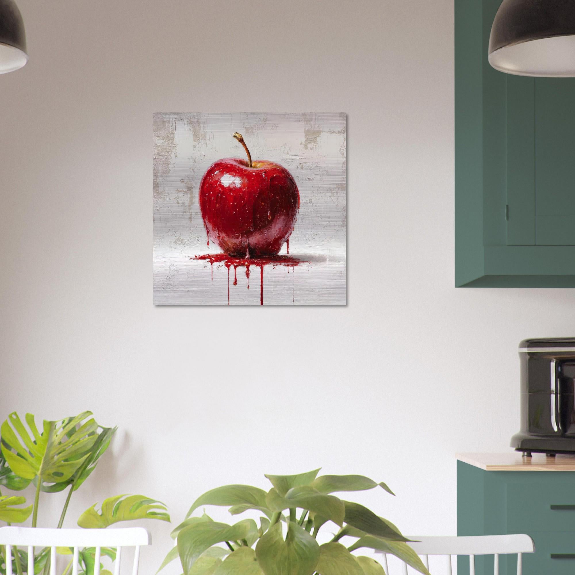 Industrial Orchard: Red Apple Drip on Brushed Aluminum Print - Bold Statement Art for Kitchens & Lofts | Gallery-Ready Wall Decor