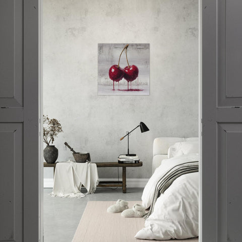 Industrial Orchard: Red Cherry Drip Art on Aluminum | Modern Fruit Art | Brushed Silver Metal Wall Decor | Contemporary Kitchen Art