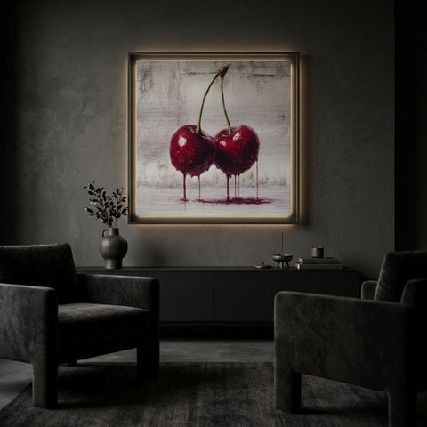 Industrial Orchard: Red Cherry Drip Art on Aluminum | Modern Fruit Art | Brushed Silver Metal Wall Decor | Contemporary Kitchen Art