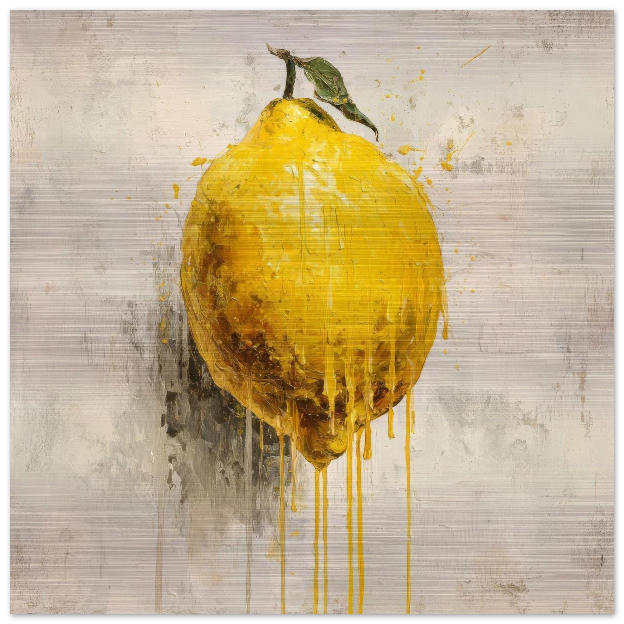 Industrial Orchard: Citrus Lemon Drip Art on Aluminum Print - Modern Kitchen Art, Contemporary Fresh Fruit Print, Brushed Silver Metal Art