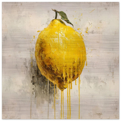 Industrial Orchard: Citrus Lemon Drip Art on Aluminum Print - Modern Kitchen Art, Contemporary Fresh Fruit Print, Brushed Silver Metal Art