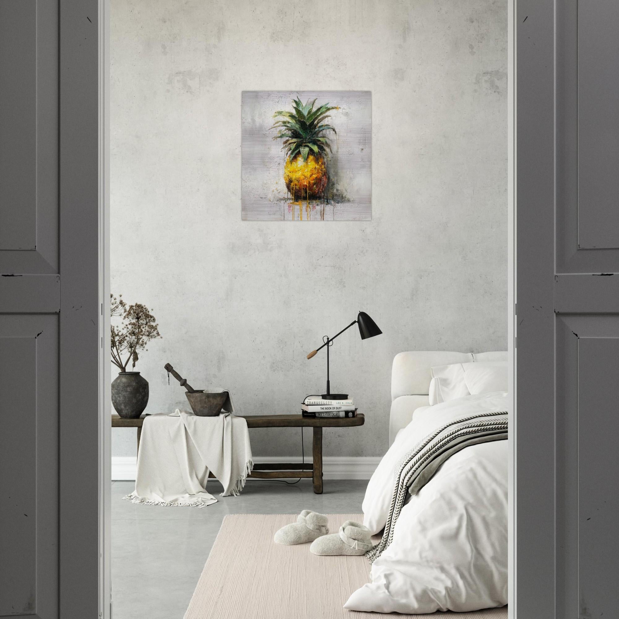 Industrial Orchard: Tropical Pineapple Drip Art on Aluminum Print | Modern Kitchen Art | Brushed Silver Wall Decor | Contemporary Fruit Art