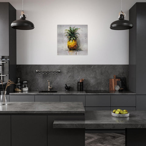 Industrial Orchard: Tropical Pineapple Drip Art on Aluminum Print | Modern Kitchen Art | Brushed Silver Wall Decor | Contemporary Fruit Art