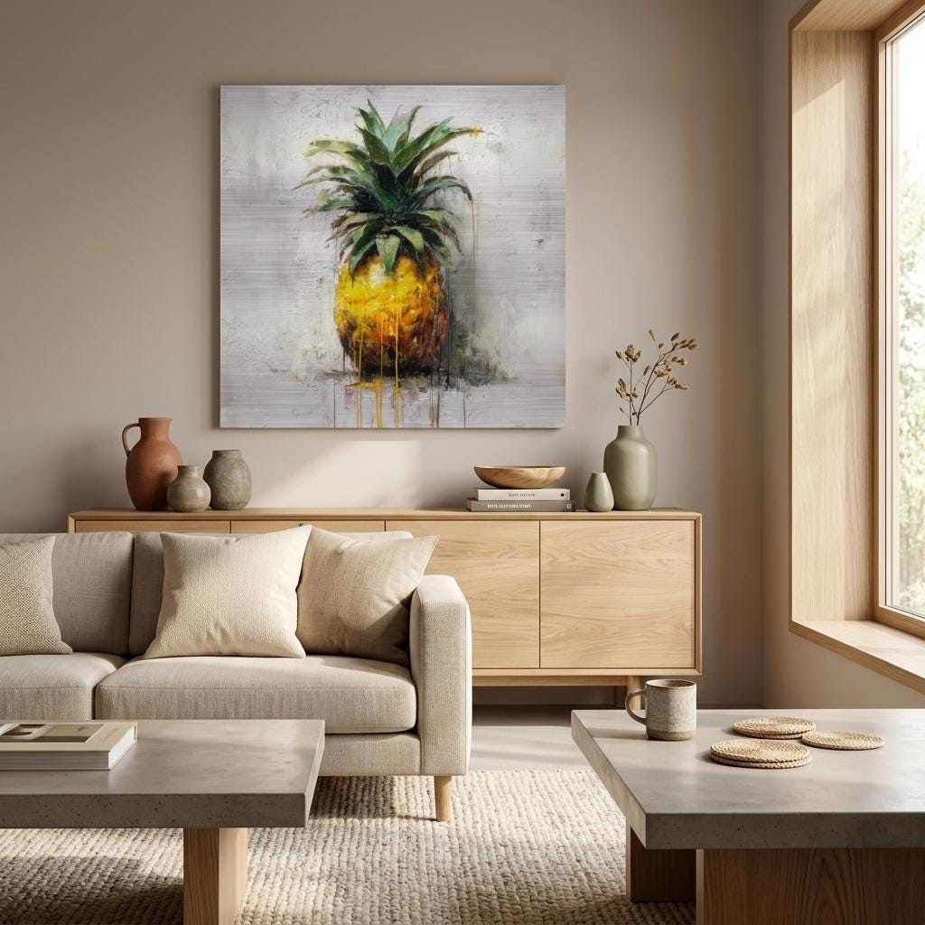 Industrial Orchard: Tropical Pineapple Drip Art on Aluminum Print | Modern Kitchen Art | Brushed Silver Wall Decor | Contemporary Fruit Art