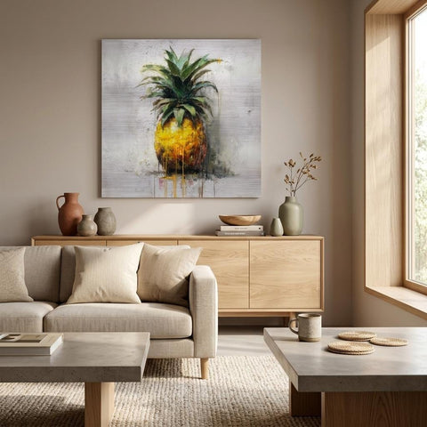 Industrial Orchard: Tropical Pineapple Drip Art on Aluminum Print | Modern Kitchen Art | Brushed Silver Wall Decor | Contemporary Fruit Art