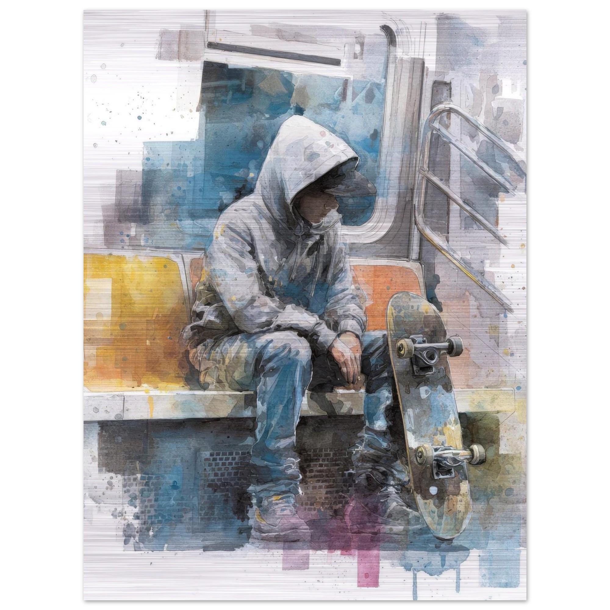 Stillness - Subway Rider Skateboarder Urban Art Brushed Aluminum Print - Subway Rider Skateboarder - Modern Minimalist Home Decor Gift