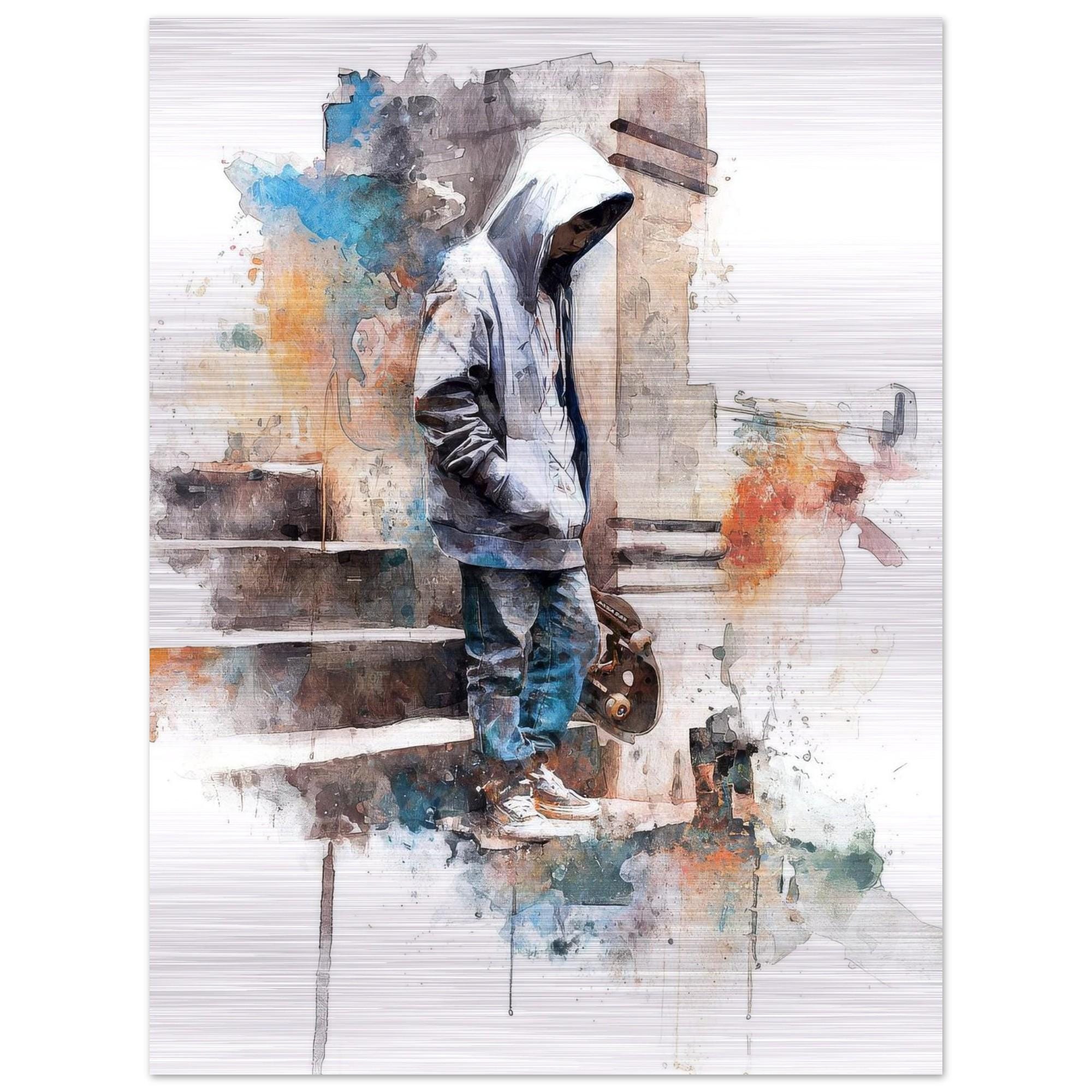 Arrival - Skateboarder on Brushed Aluminum Print | Urban Watercolor Art | Modern Home Decor Gift