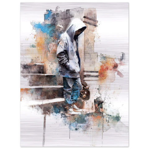 Arrival - Skateboarder on Brushed Aluminum Print | Urban Watercolor Art | Modern Home Decor Gift