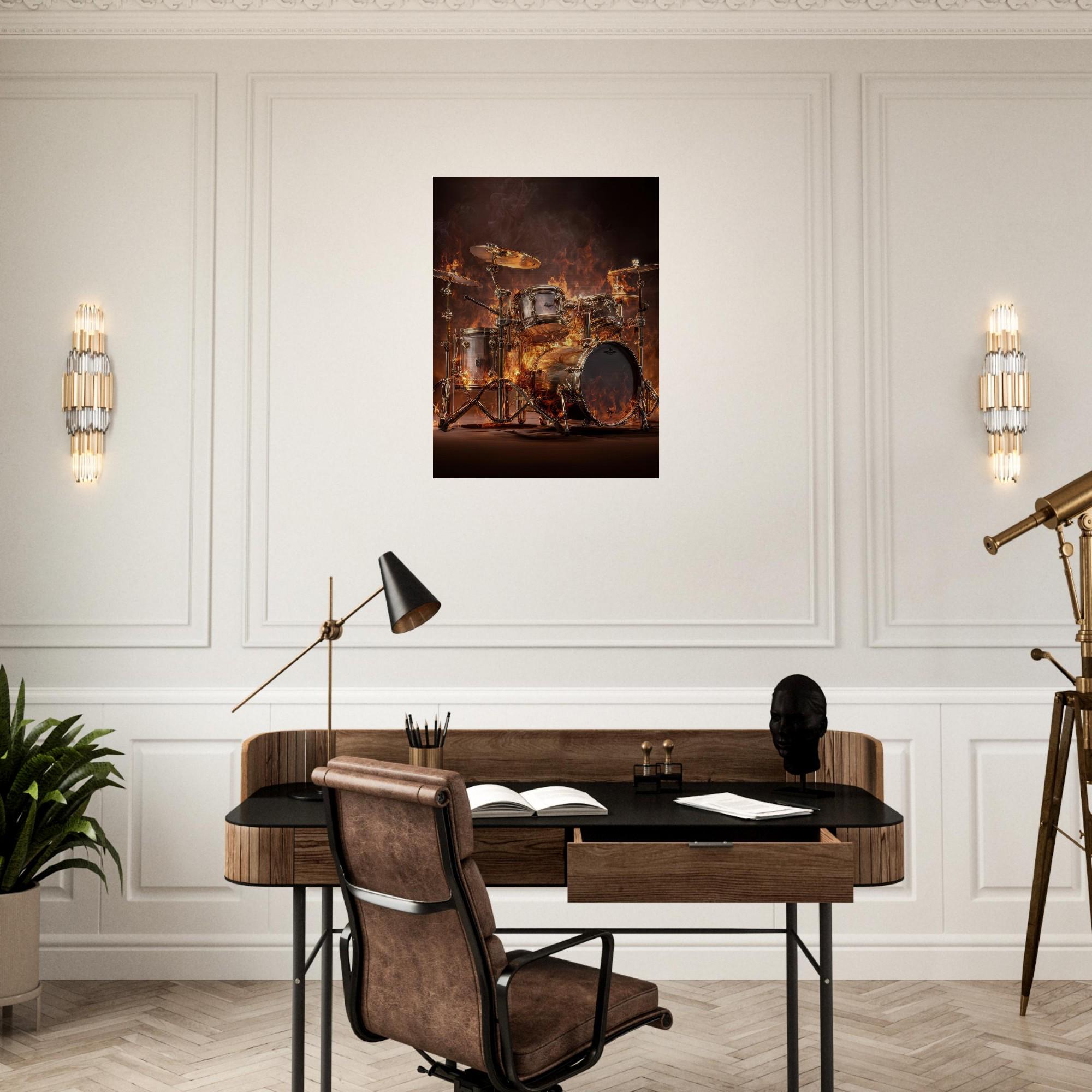 Pulsating Embers - Drum Set Aluminum Print | Fiery Rhythm Art | Modern Industrial Decor Gift