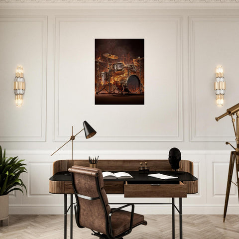 Pulsating Embers - Drum Set Aluminum Print | Fiery Rhythm Art | Modern Industrial Decor Gift