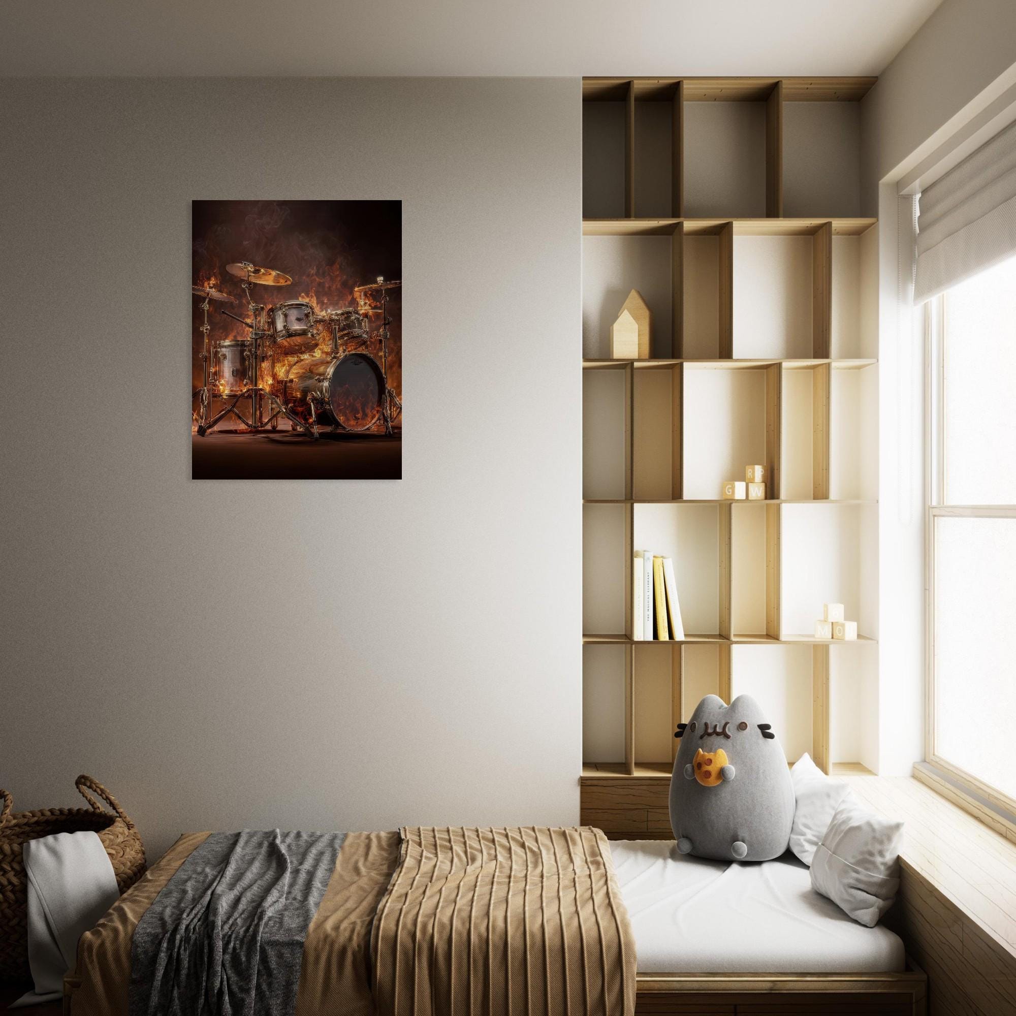 Pulsating Embers - Drum Set Aluminum Print | Fiery Rhythm Art | Modern Industrial Decor Gift