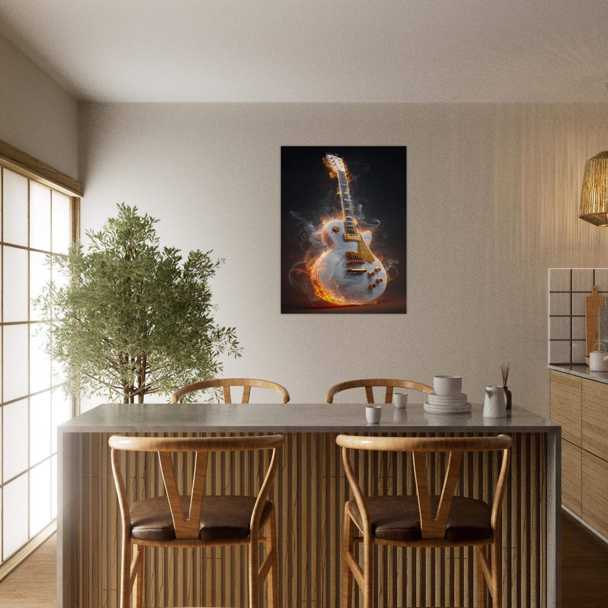 Blazing Strings - Aluminum Print | Fiery Guitar Art | Modern Industrial Home Decor | Unique Music Gift