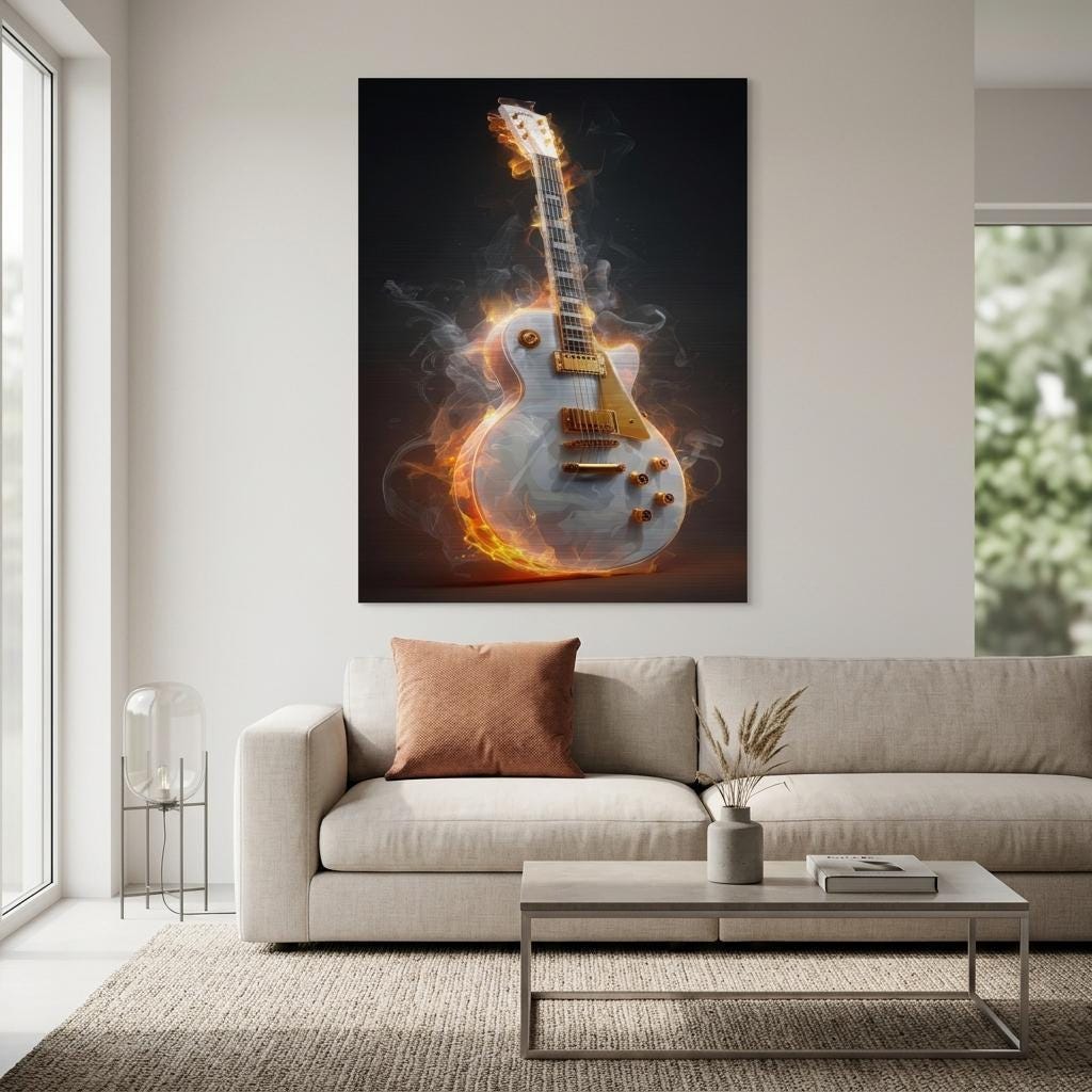 Blazing Strings - Aluminum Print | Fiery Guitar Art | Modern Industrial Home Decor | Unique Music Gift
