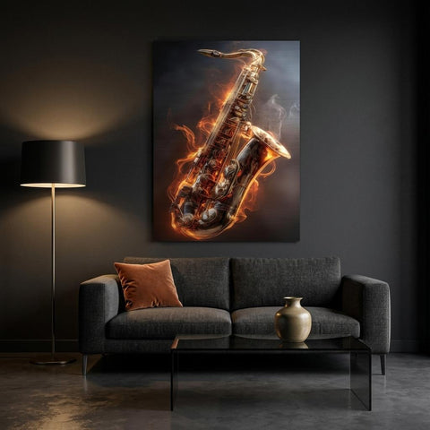 Igniting Brass - Saxophone Aluminum Print | Fire & Music Wall Art | Modern Industrial Decor | Gift for Musician