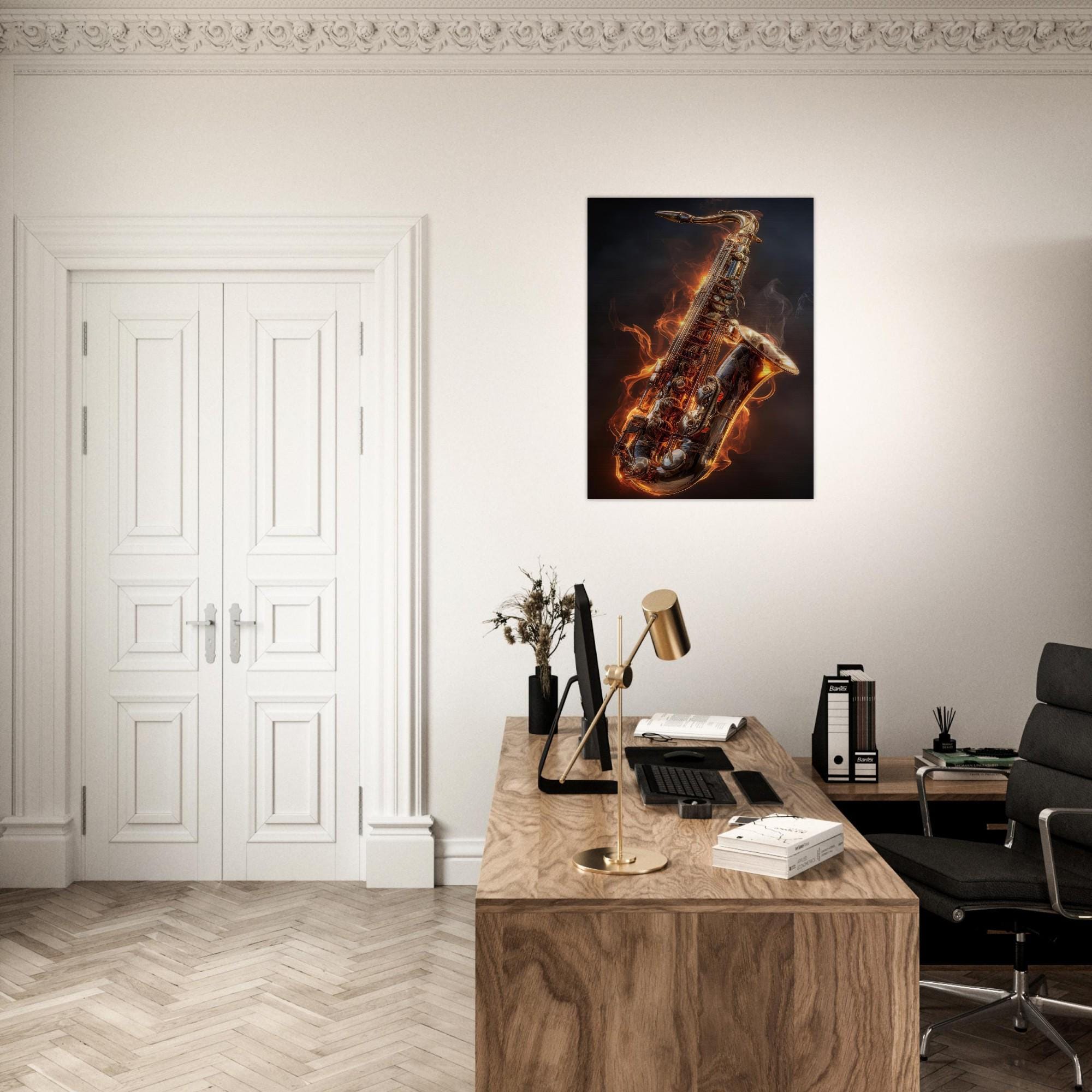 Igniting Brass - Saxophone Aluminum Print | Fire & Music Wall Art | Modern Industrial Decor | Gift for Musician