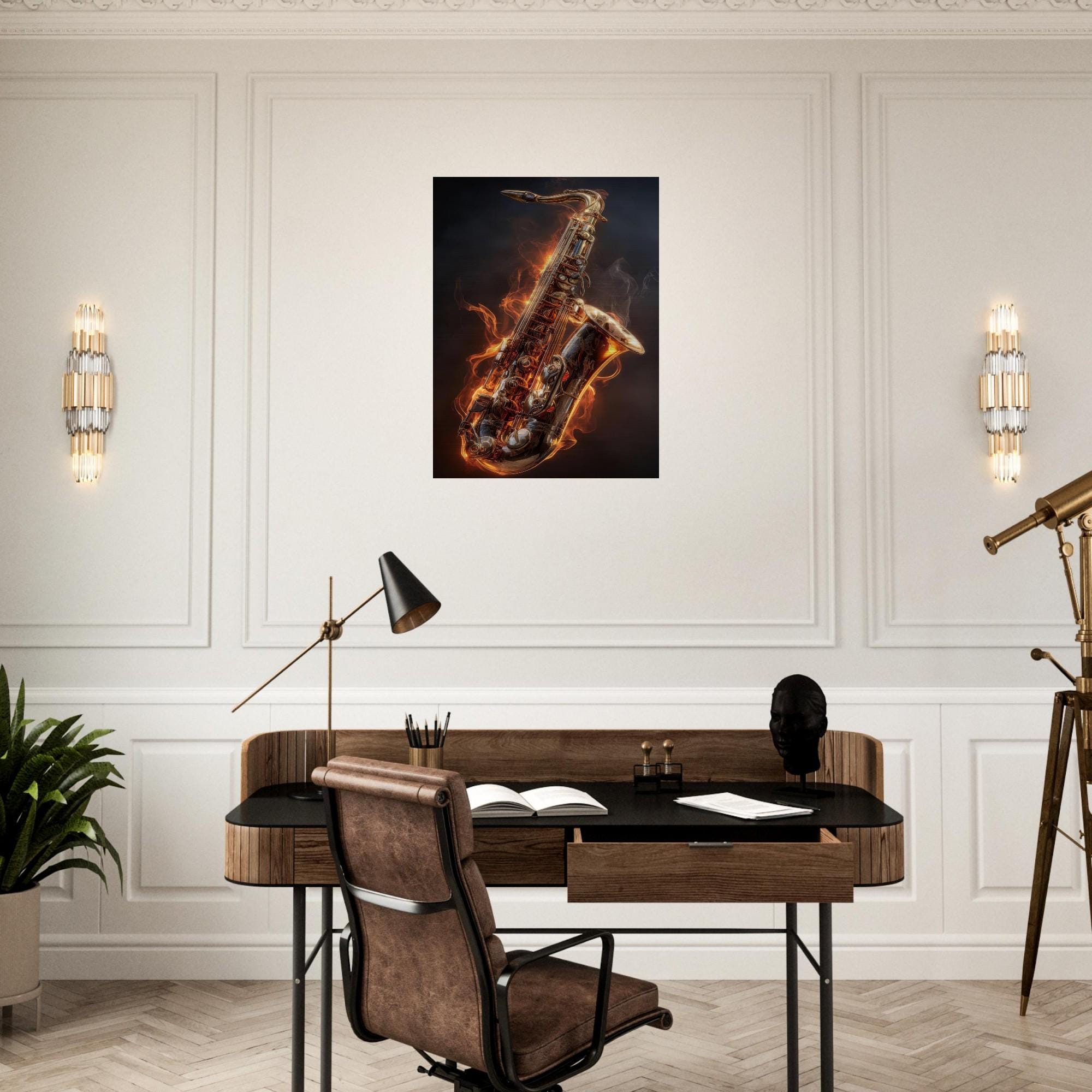 Igniting Brass - Saxophone Aluminum Print | Fire & Music Wall Art | Modern Industrial Decor | Gift for Musician