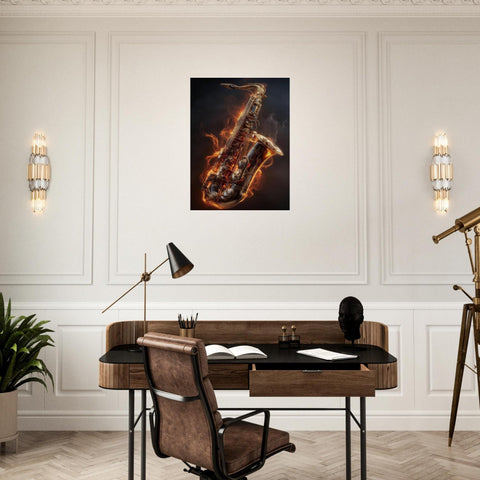 Igniting Brass - Saxophone Aluminum Print | Fire & Music Wall Art | Modern Industrial Decor | Gift for Musician