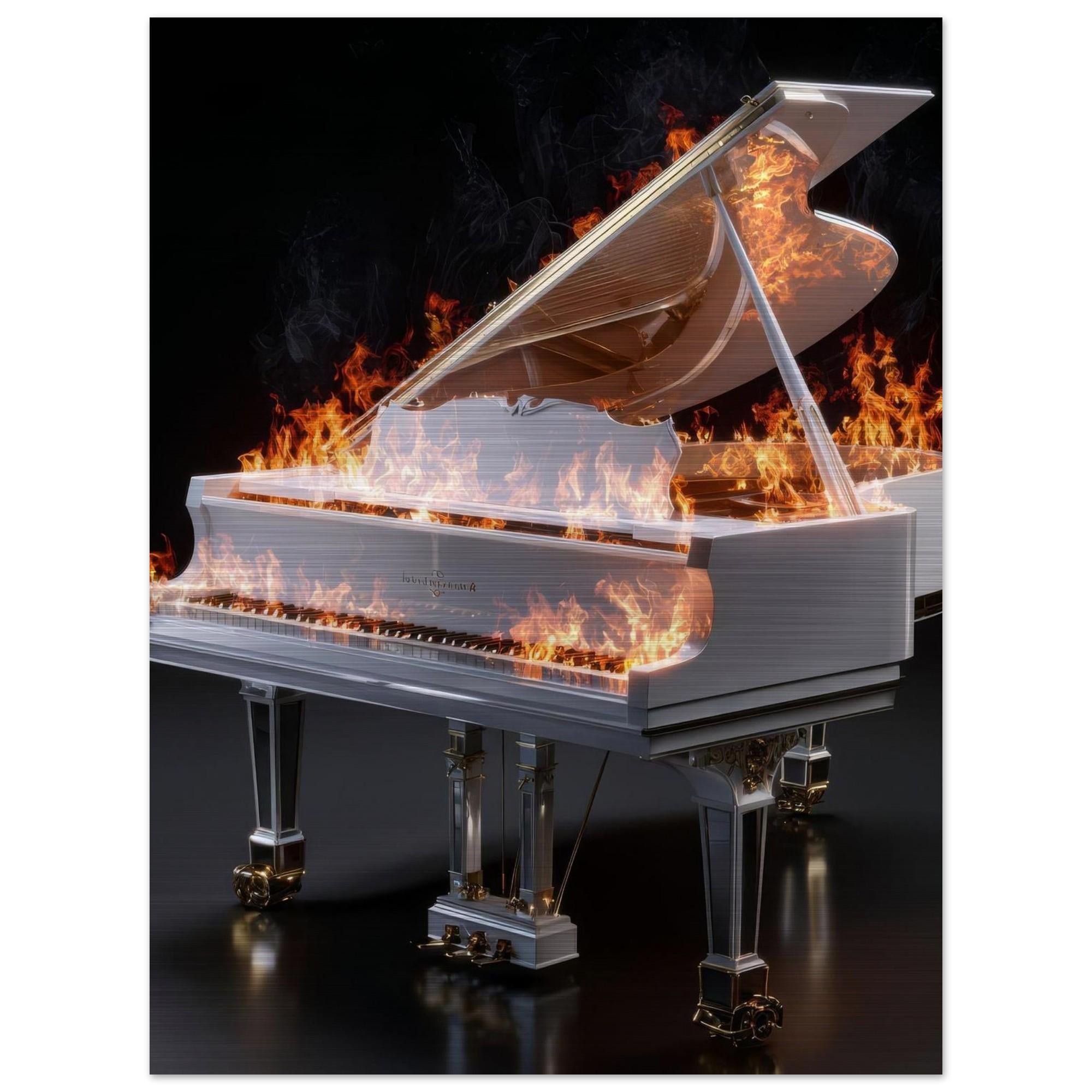 Scorching Keys - Aluminum Print | Fiery Grand Piano Art | The Burning Notes Collection | Modern Industrial Decor | Unique Wall Art Gift