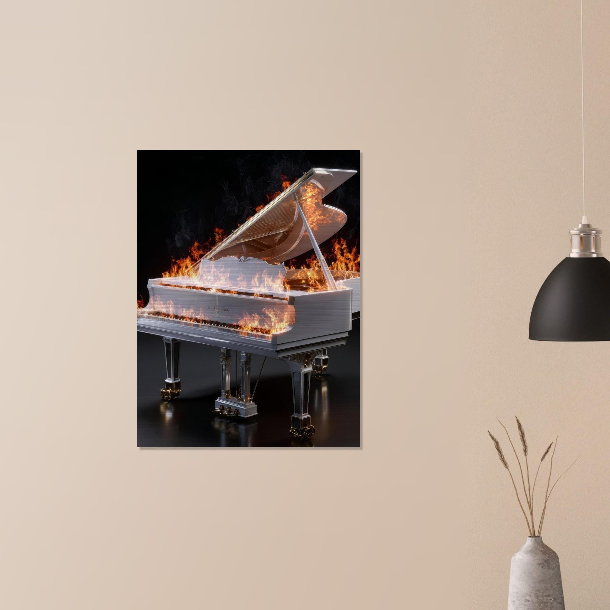 Scorching Keys - Aluminum Print | Fiery Grand Piano Art | The Burning Notes Collection | Modern Industrial Decor | Unique Wall Art Gift