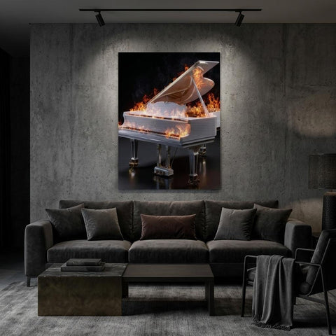 Scorching Keys - Aluminum Print | Fiery Grand Piano Art | The Burning Notes Collection | Modern Industrial Decor | Unique Wall Art Gift