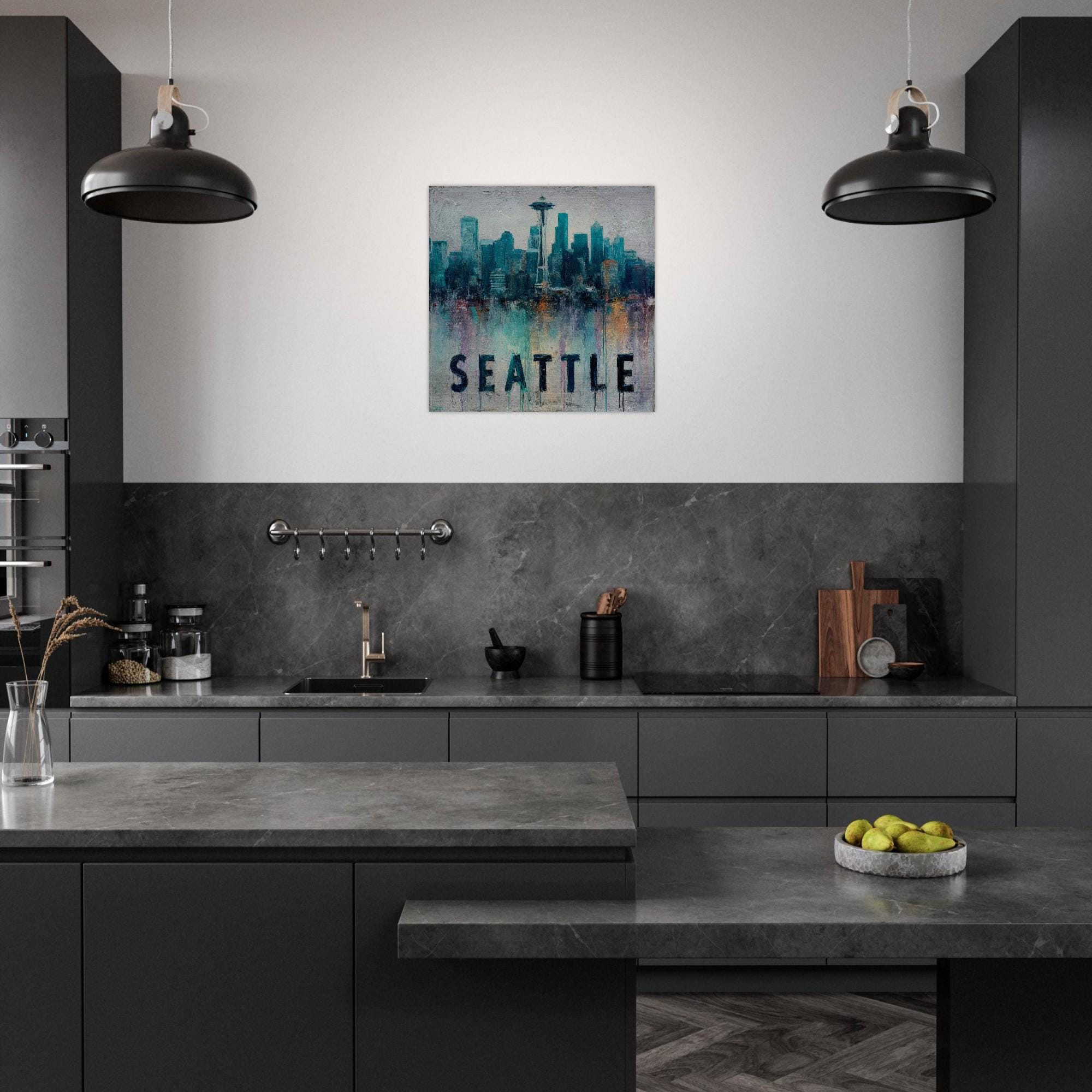 Seattle Aluminum Print | Moody Pacific Northwest Cityscape Art | Urban Pulse Collection Textured Industrial Wall Decor | Modern Home Art