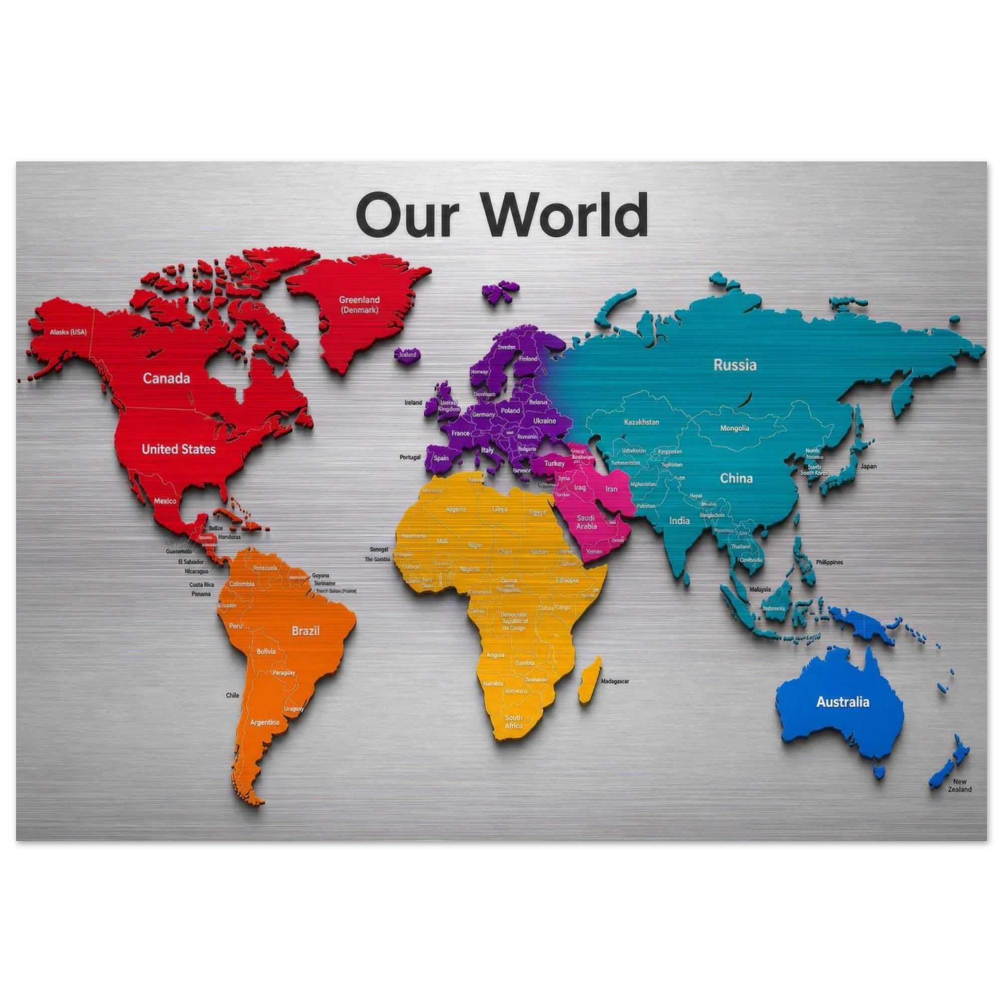 Our World - Color Edition 28×40 Panoramic Aluminum Map Brushed Aluminum Map Print - Modern Contemporary Wall Art, Silver Metallic Finish