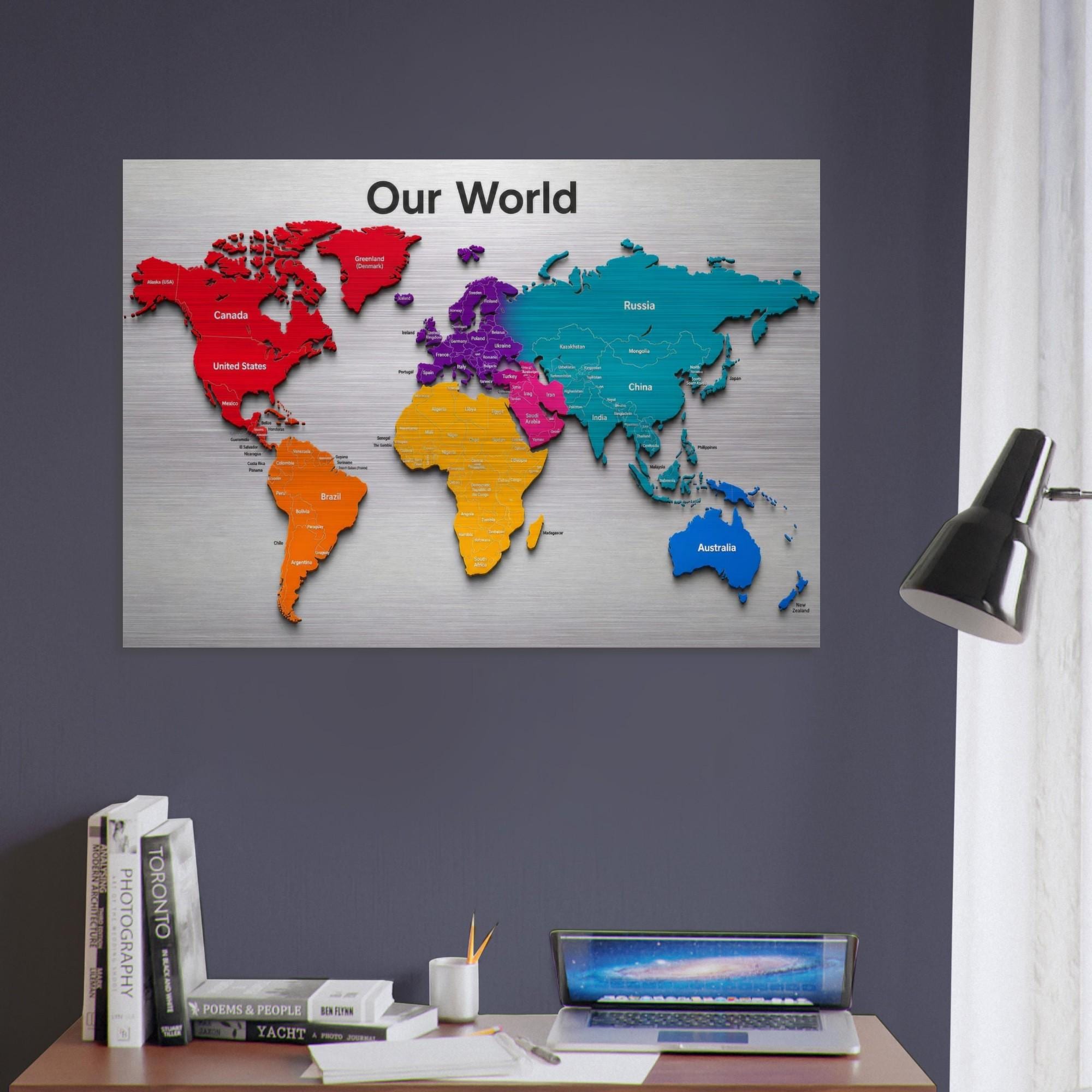 Our World - Color Edition 28×40 Panoramic Aluminum Map Brushed Aluminum Map Print - Modern Contemporary Wall Art, Silver Metallic Finish