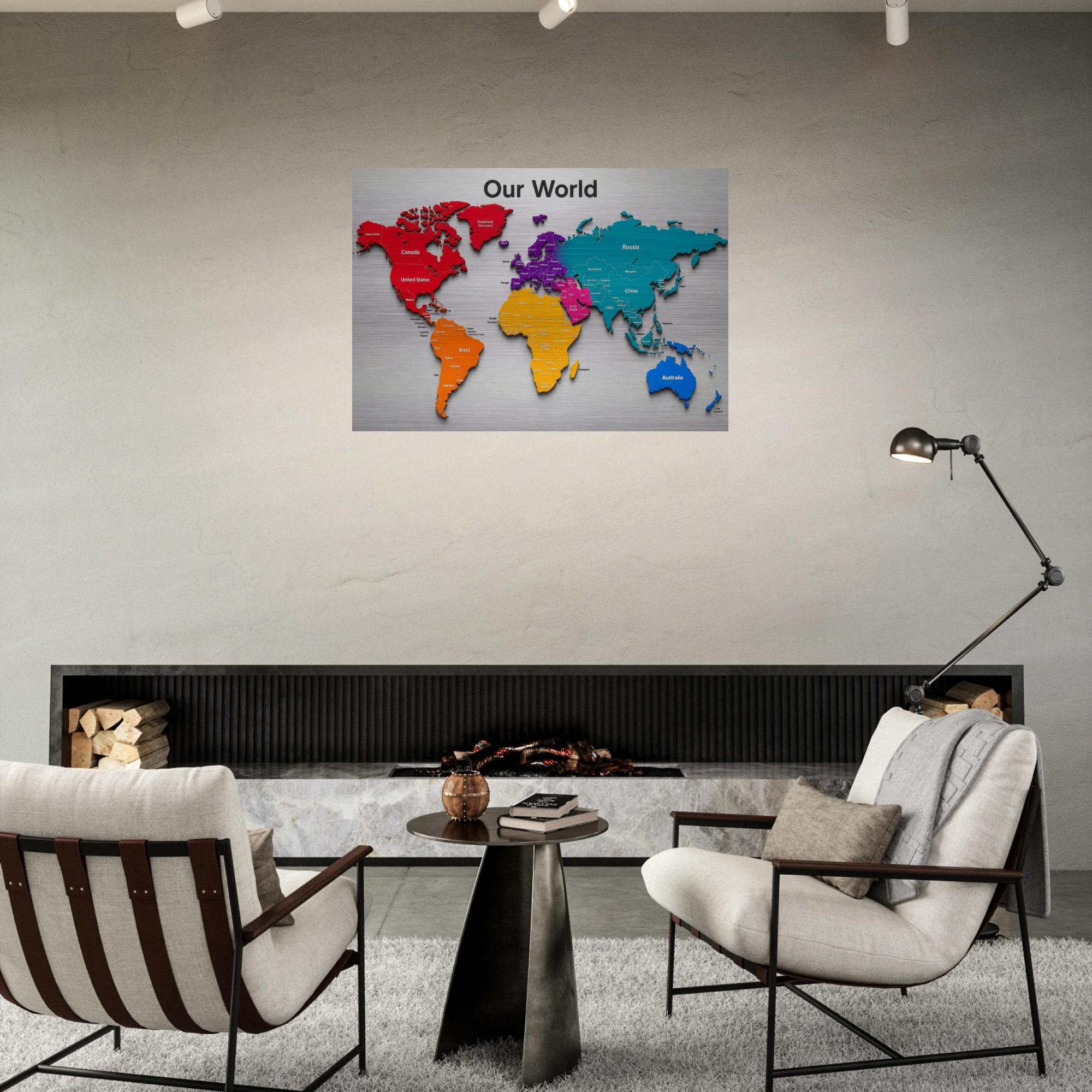 Our World - Color Edition 28×40 Panoramic Aluminum Map Brushed Aluminum Map Print - Modern Contemporary Wall Art, Silver Metallic Finish