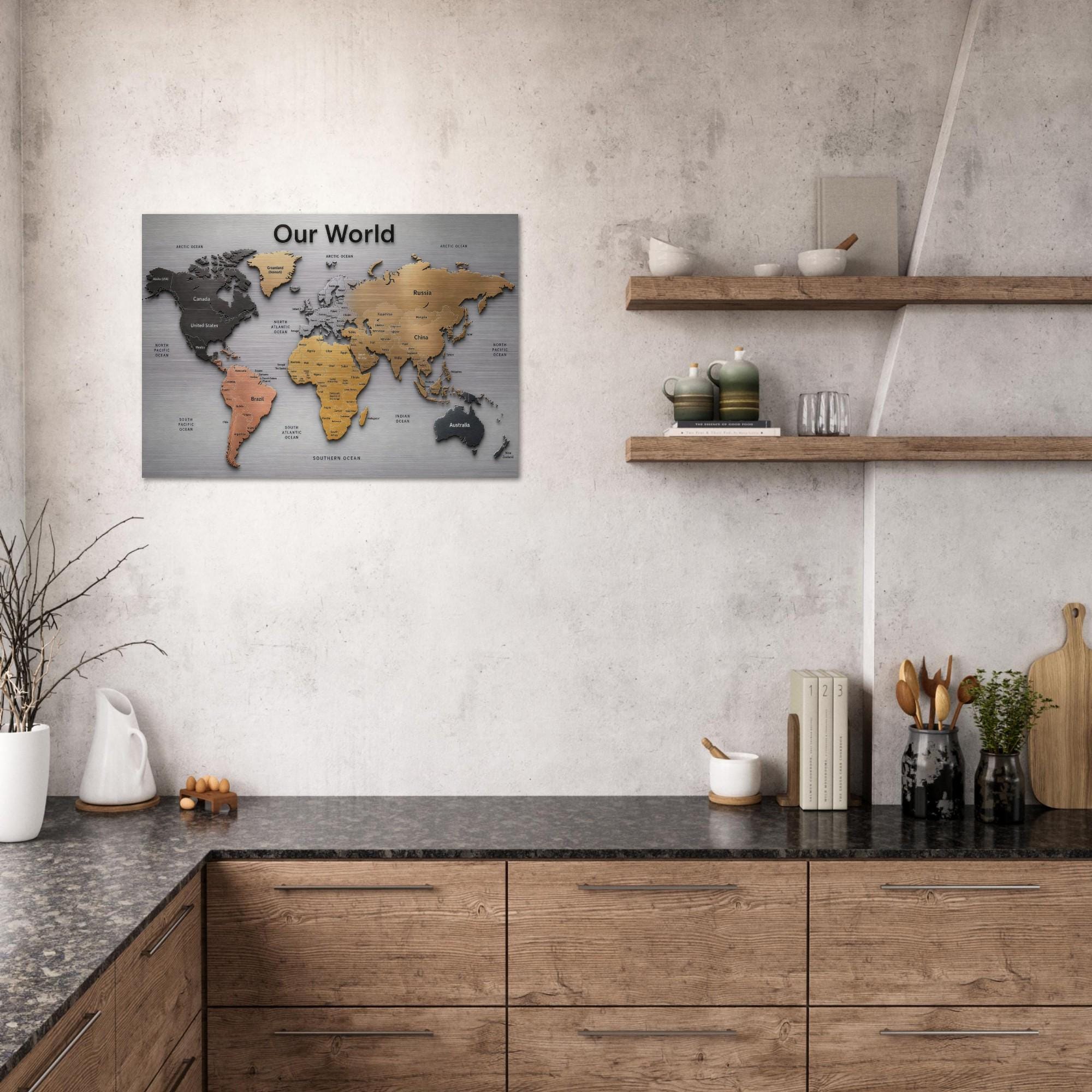 Our World – Metallic Edition | 28×40 Panoramic Brushed Aluminum Map Silver Metal Art | Modern World Map Wall Decor | Unique Home Accent