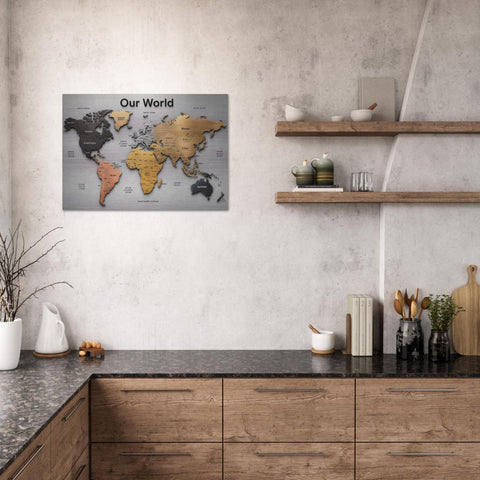 Our World – Metallic Edition | 28×40 Panoramic Brushed Aluminum Map Silver Metal Art | Modern World Map Wall Decor | Unique Home Accent