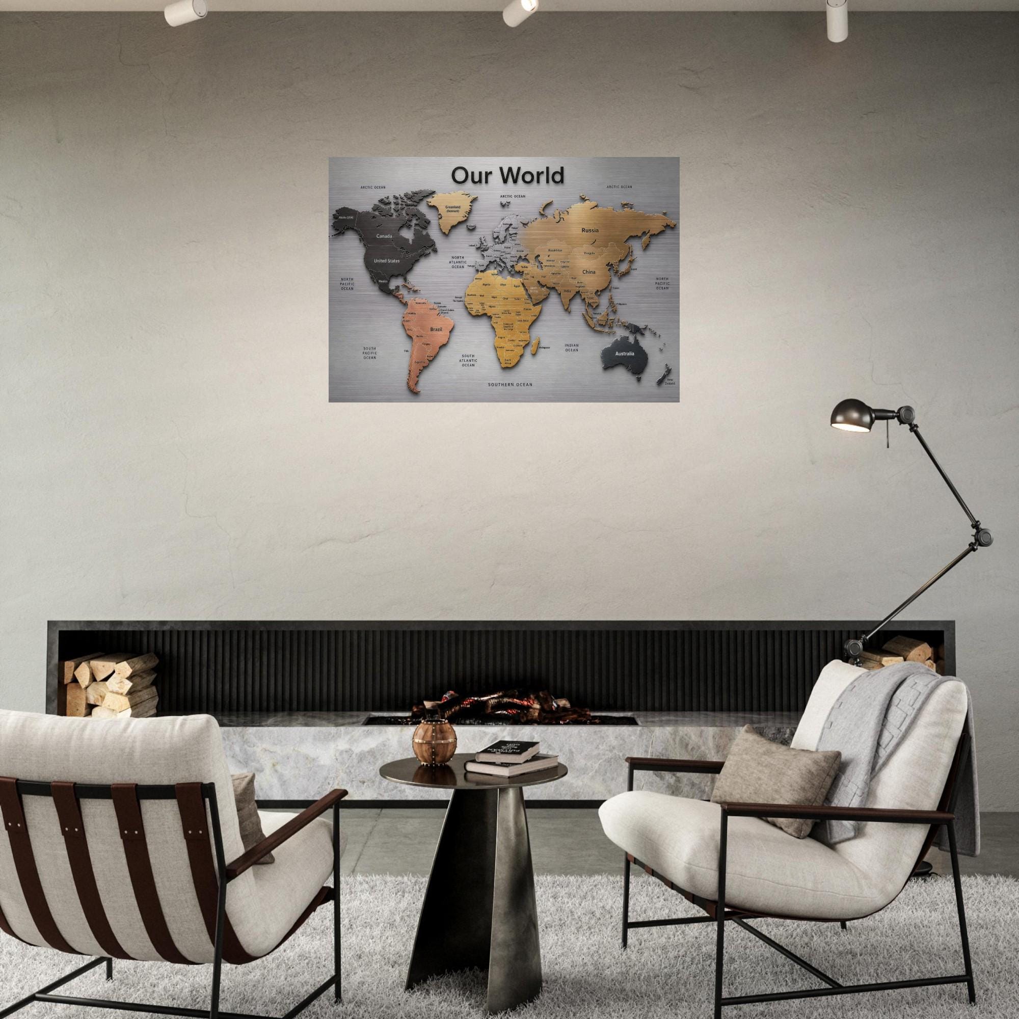 Our World – Metallic Edition | 28×40 Panoramic Brushed Aluminum Map Silver Metal Art | Modern World Map Wall Decor | Unique Home Accent