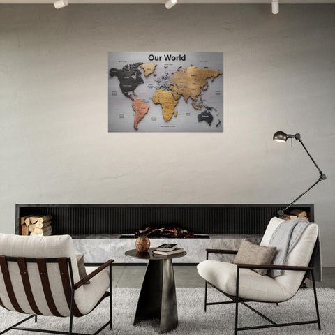 Our World – Metallic Edition | 28×40 Panoramic Brushed Aluminum Map Silver Metal Art | Modern World Map Wall Decor | Unique Home Accent