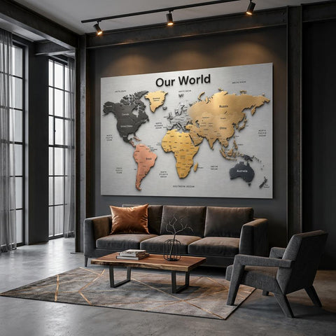 Our World – Metallic Edition | 28×40 Panoramic Brushed Aluminum Map Silver Metal Art | Modern World Map Wall Decor | Unique Home Accent