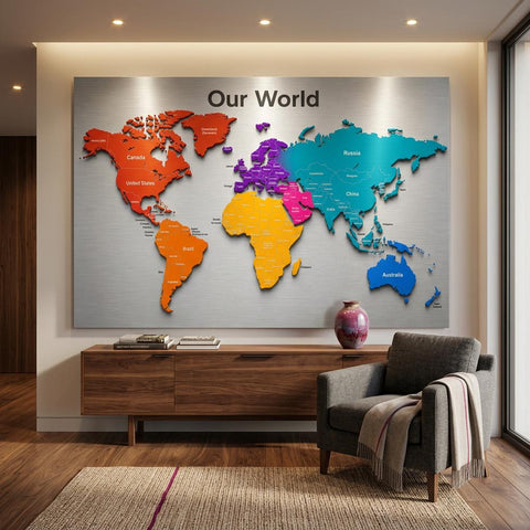 Our World - Color Edition 28×40 Panoramic Aluminum Map Brushed Aluminum Map Print - Modern Contemporary Wall Art, Silver Metallic Finish