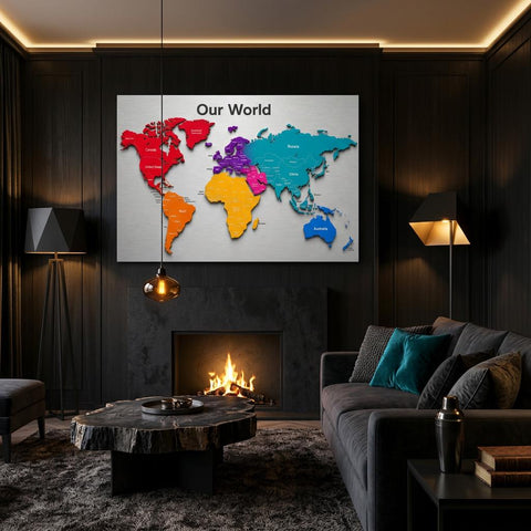 Our World - Color Edition 28×40 Panoramic Aluminum Map Brushed Aluminum Map Print - Modern Contemporary Wall Art, Silver Metallic Finish