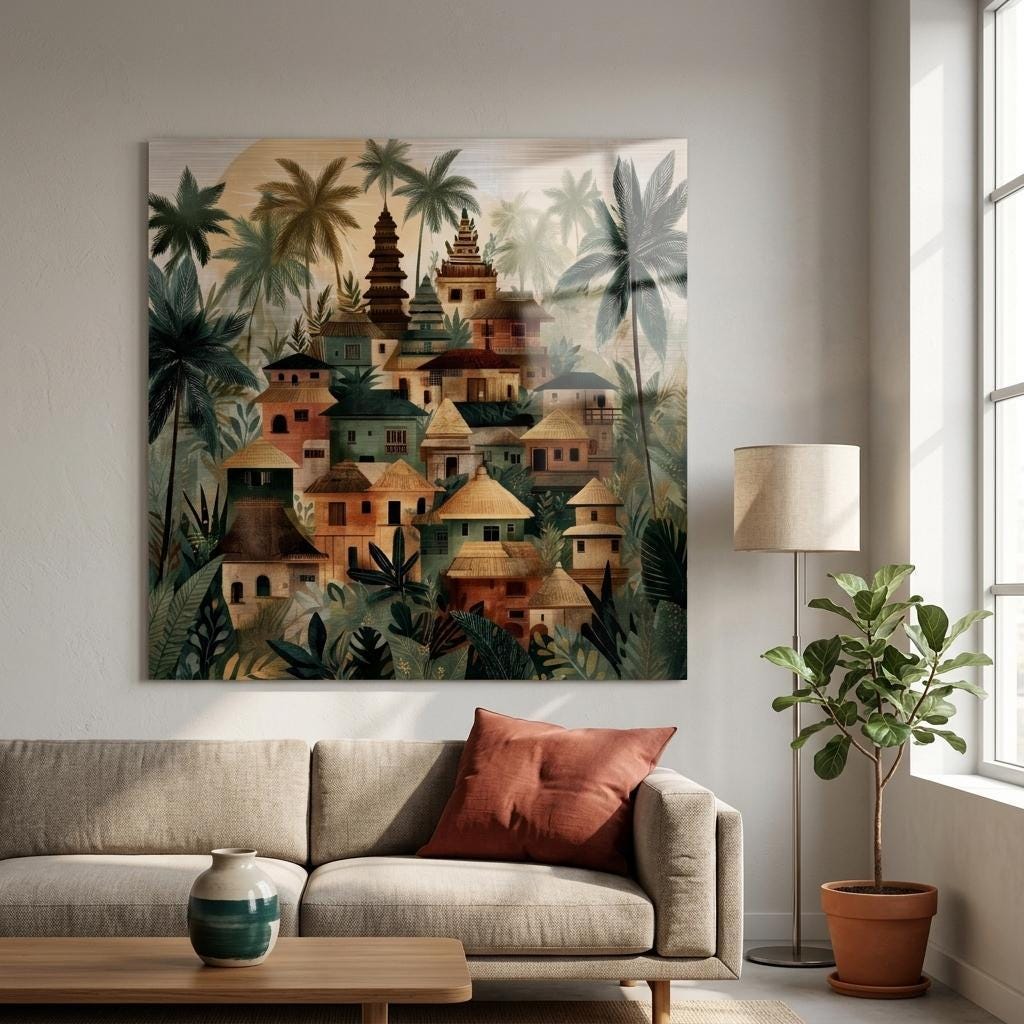 Bali Tropical Folk Art - Brushed Aluminum Print | Modern Village Landscape | Textured Metallic Wall Art Gift
