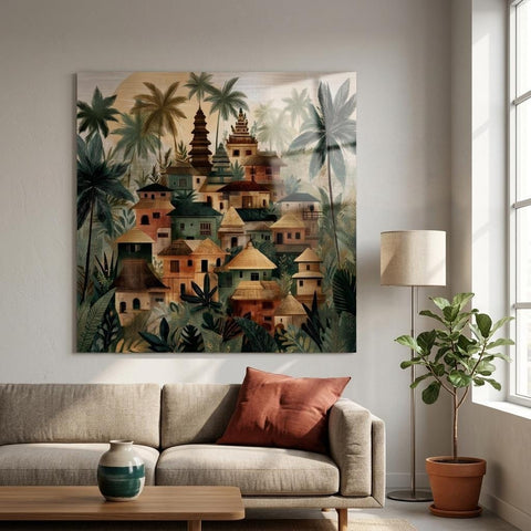 Bali Tropical Folk Art - Brushed Aluminum Print | Modern Village Landscape | Textured Metallic Wall Art Gift