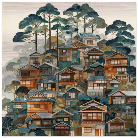 Kyoto Folk Art - Brushed Aluminum Print | Wooden Village Scene | Japanese Wall Art | Modern Home Decor Gift | Personalized Art
