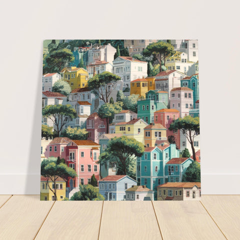 San Francisco - Folk Art Brushed Aluminum Print - Modern Cityscape Wall Art - Bright Hillside Homes Decor