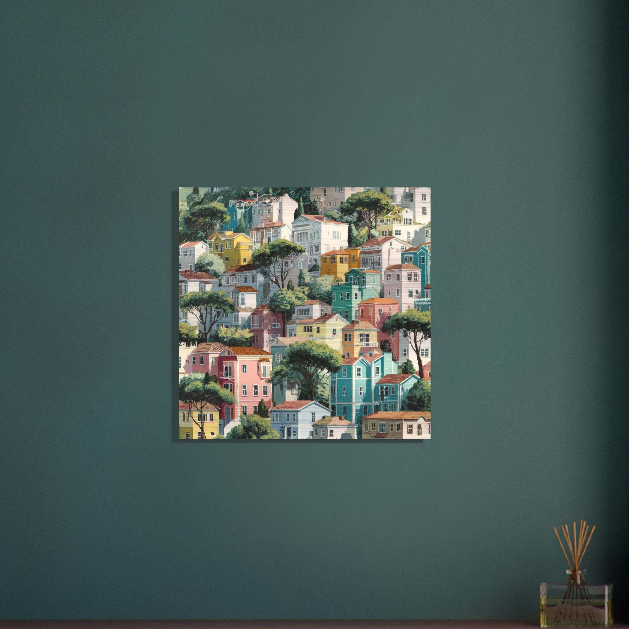 San Francisco - Folk Art Brushed Aluminum Print - Modern Cityscape Wall Art - Bright Hillside Homes Decor