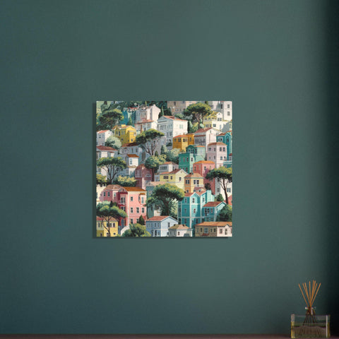 San Francisco - Folk Art Brushed Aluminum Print - Modern Cityscape Wall Art - Bright Hillside Homes Decor