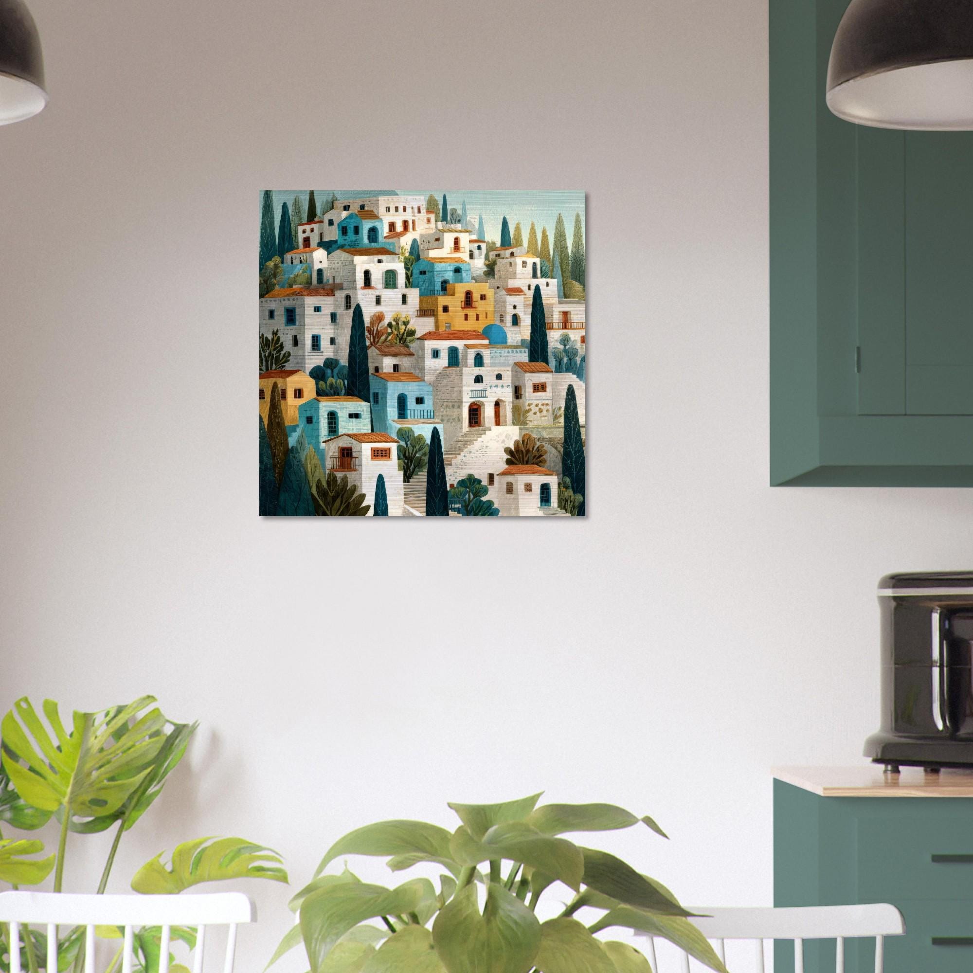 Santorini Aluminum Print - Coastal Hillside Village Art - Modern Greek Island Decor - Airy & Serene Wall Art Gift
