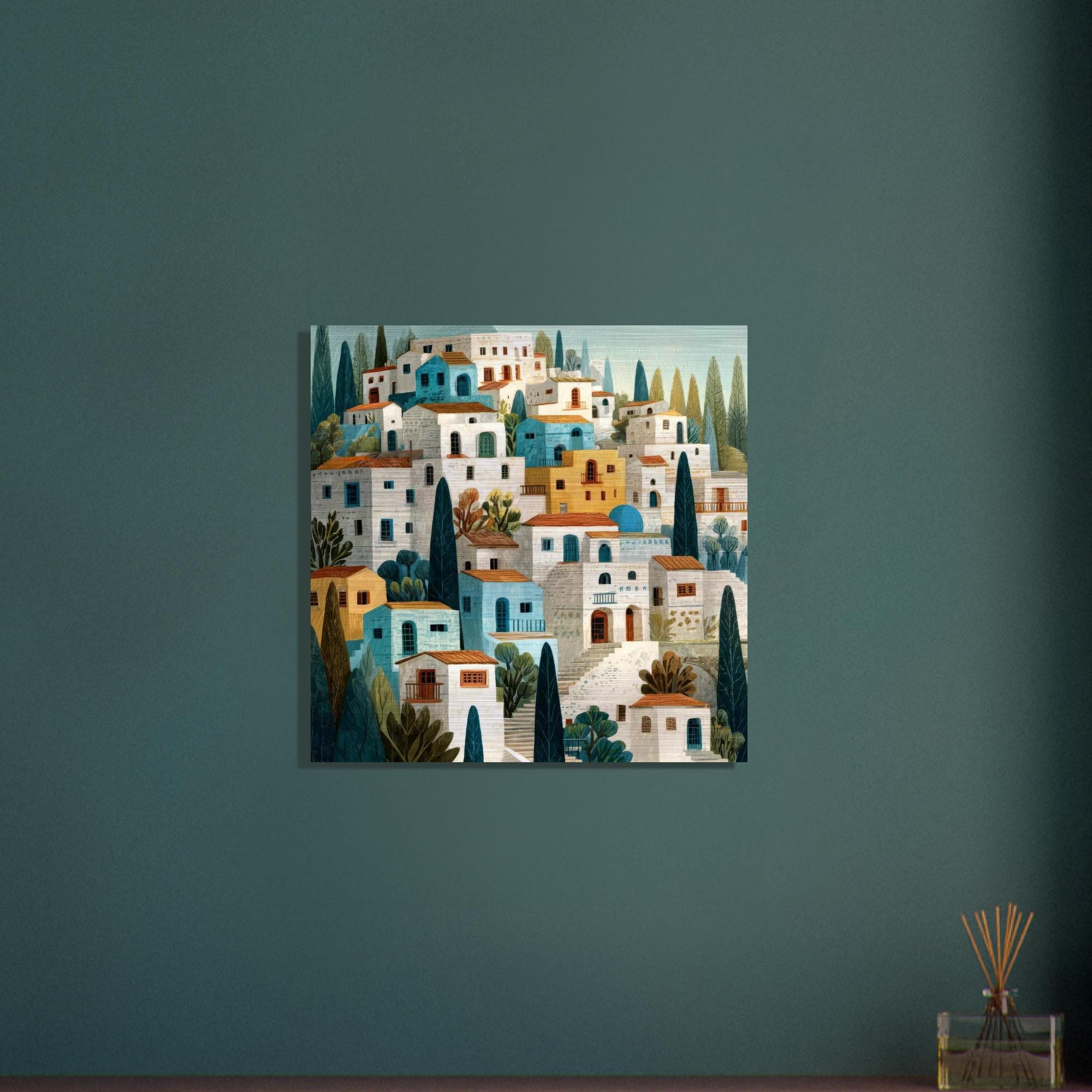 Santorini Aluminum Print - Coastal Hillside Village Art - Modern Greek Island Decor - Airy & Serene Wall Art Gift