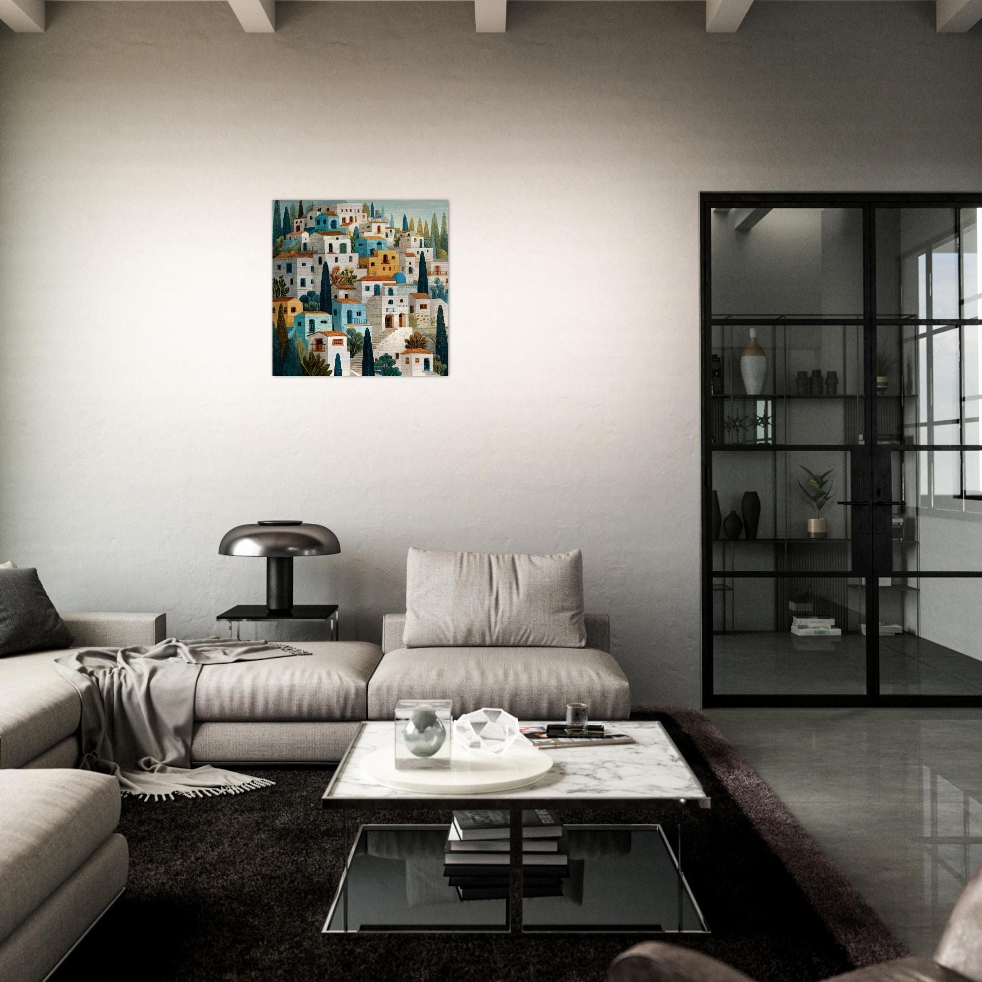 Santorini Aluminum Print - Coastal Hillside Village Art - Modern Greek Island Decor - Airy & Serene Wall Art Gift
