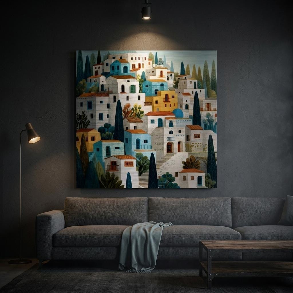 Santorini Aluminum Print - Coastal Hillside Village Art - Modern Greek Island Decor - Airy & Serene Wall Art Gift