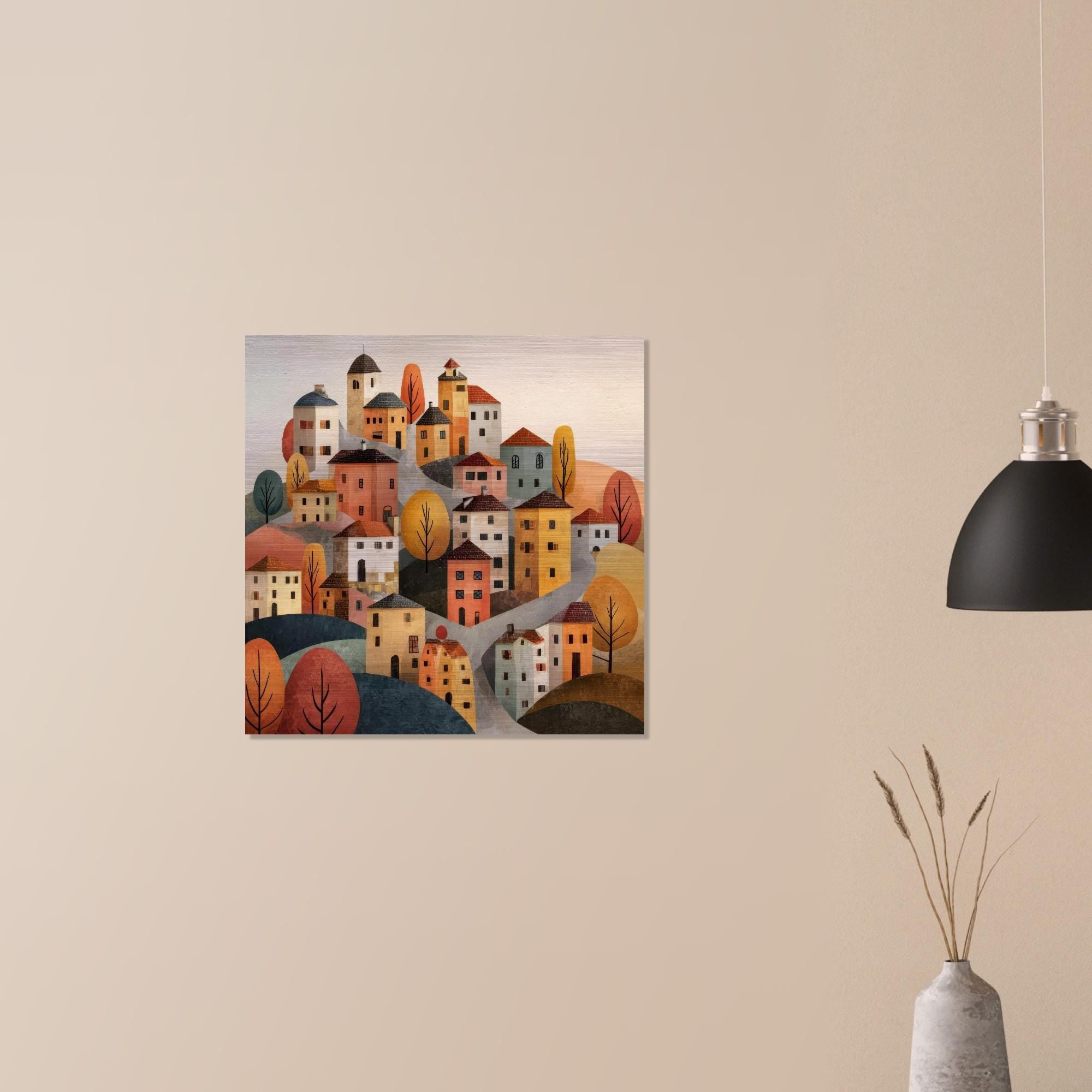 Tuscany Village - Rolling Hills Art | Modern Italy Landscape | Brushed Silver Metal Wall Art | Handmade Home Decor Gift