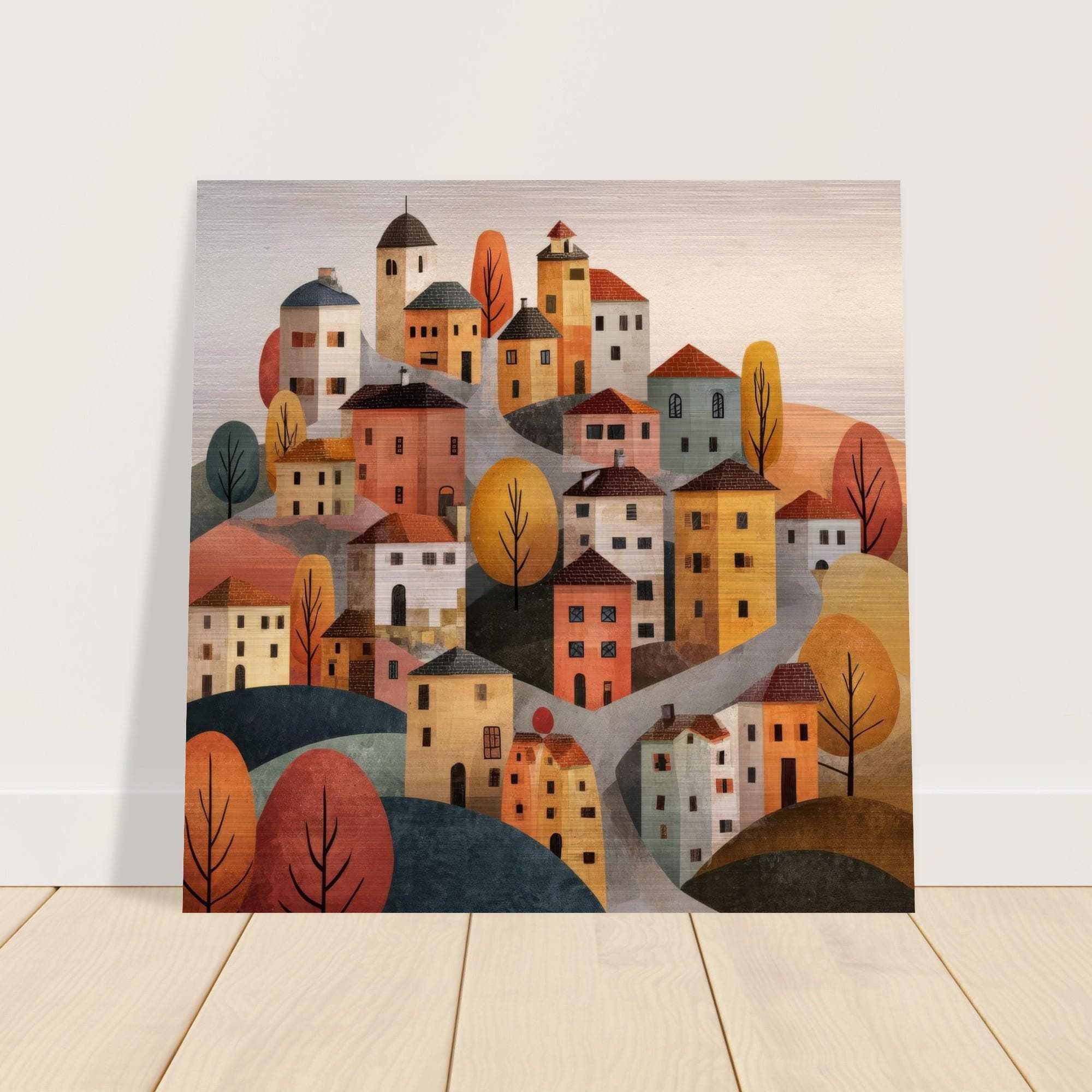 Tuscany Village - Rolling Hills Art | Modern Italy Landscape | Brushed Silver Metal Wall Art | Handmade Home Decor Gift